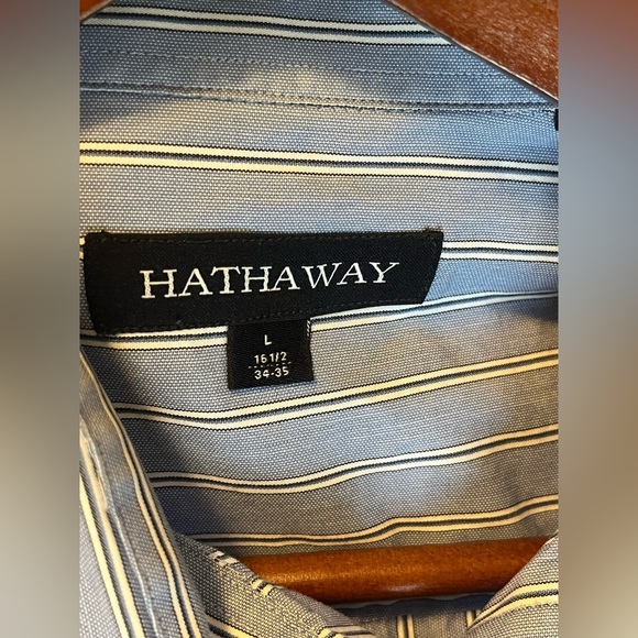 HATHAWAY BLUE STRIPED LONG SLEEVE DRESS SHIRT. SIZE LARGE ( 16 1/2 34-35) - Picture 6 of 7